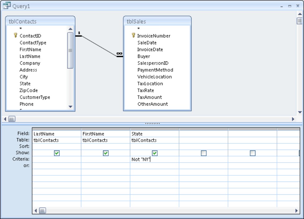 Using the Not operator in criteria. Entering Not NY in the State field displays all records except those where the state is NY (New York).